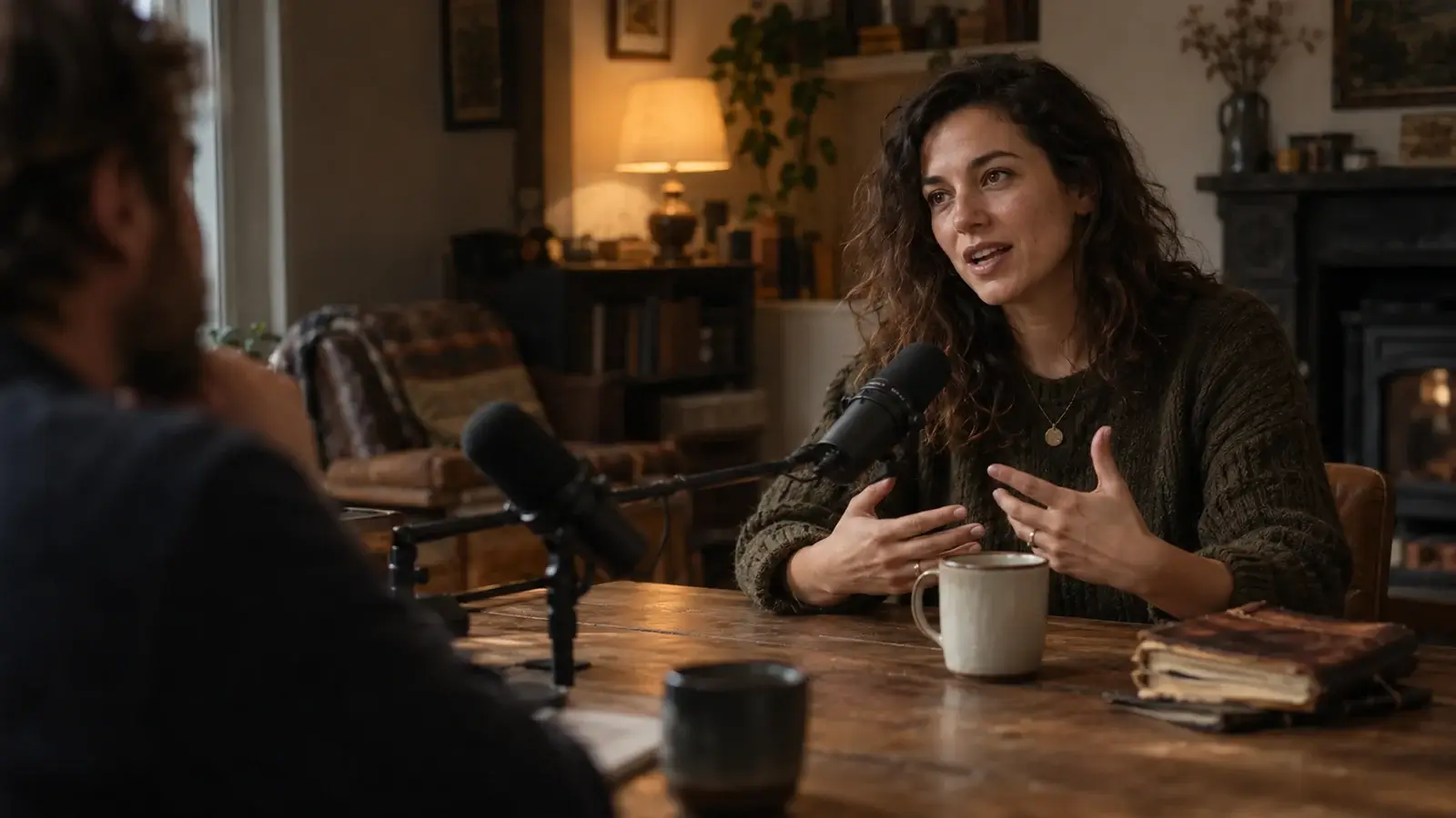 A podcast guest talking with her hands mid-sentence across a table from an interviewer